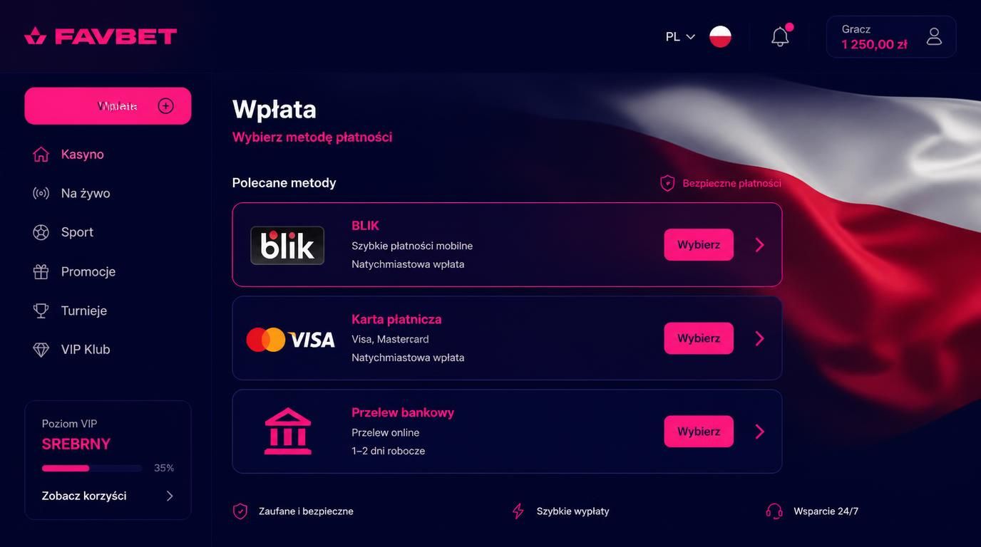 Interfejs kasyna z metodami płatności widocznymi na ekranie po polsku
