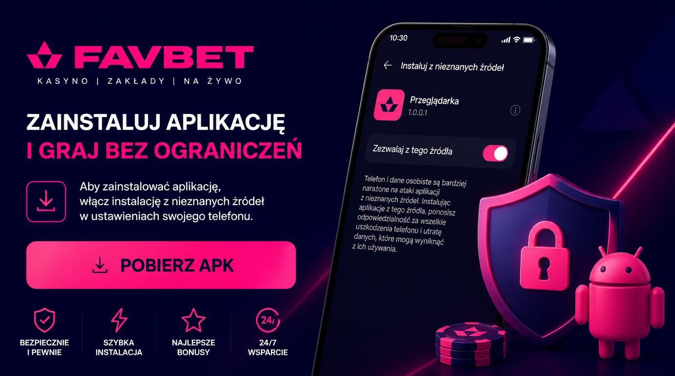 Telefon z komunikatem o instalacji z nieznanych źródeł, logo Favbet, przycisk „Pobierz APK” i tarcza zabezpieczeń