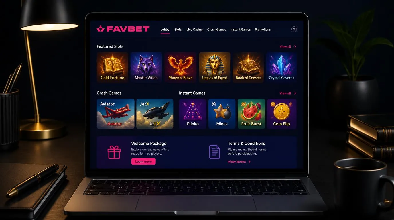 Katalog gier kasynowych na ekranie laptopa z kafelkami automatów i gier typu crash