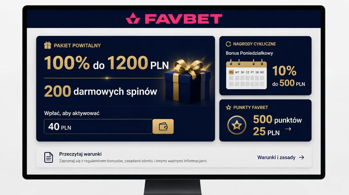 Panel bonusowy z ofertą powitalną, minimalnym depozytem 40 PLN oraz kartami cashbacku i nagród punktowych