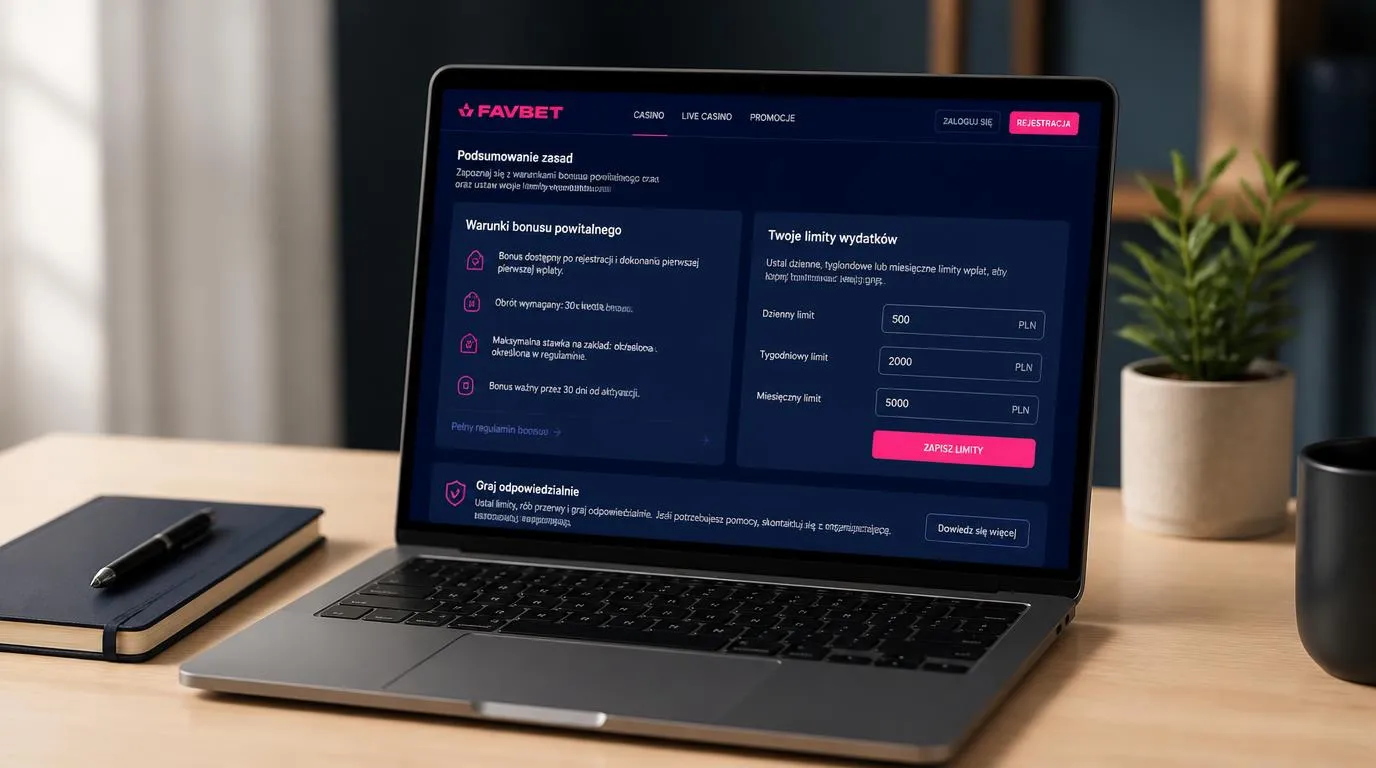 Laptop z warunkami bonusu kasynowego i panelem limitów wydatków obok notatnika